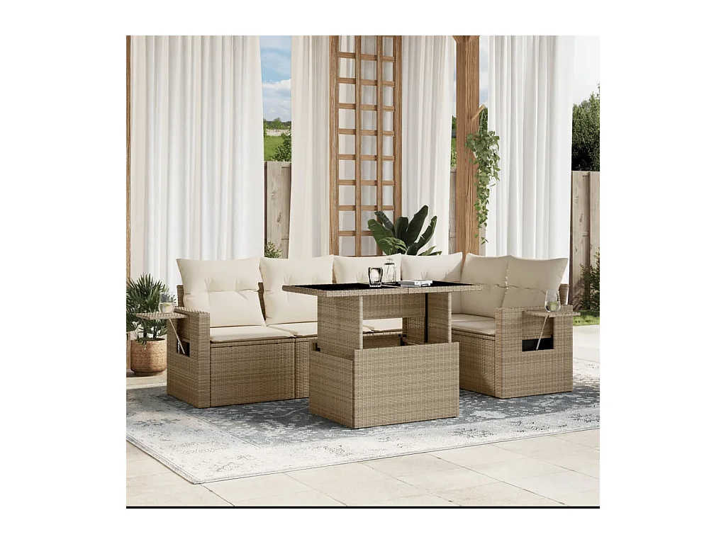 Salon de jardin avec coussins 6 pièces beige résine tressée