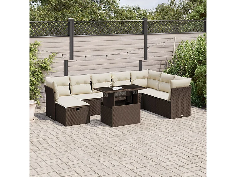Set de sofás de jardín 9 piezas y cojines ratán sintético marrón