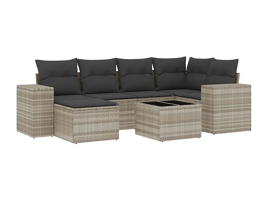 7-delige Loungeset met kussens poly rattan lichtgrijs