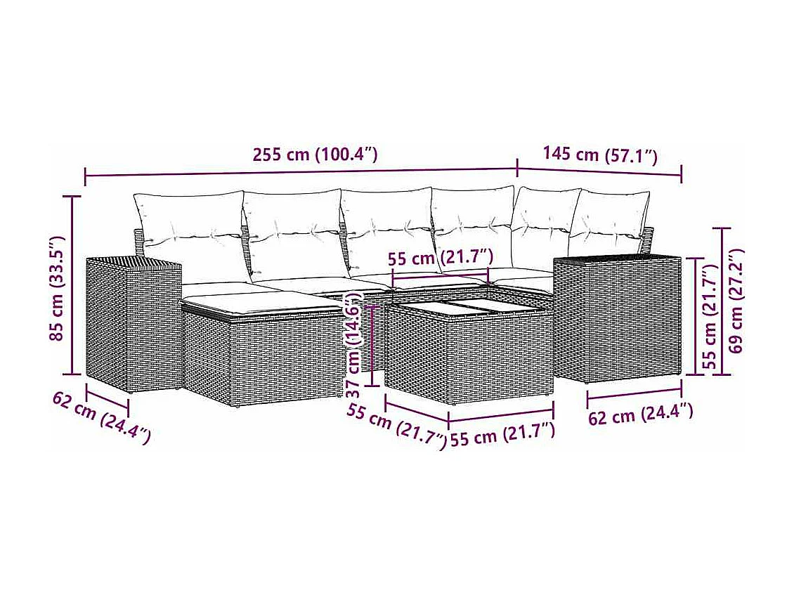 7-delige Loungeset met kussens poly rattan lichtgrijs