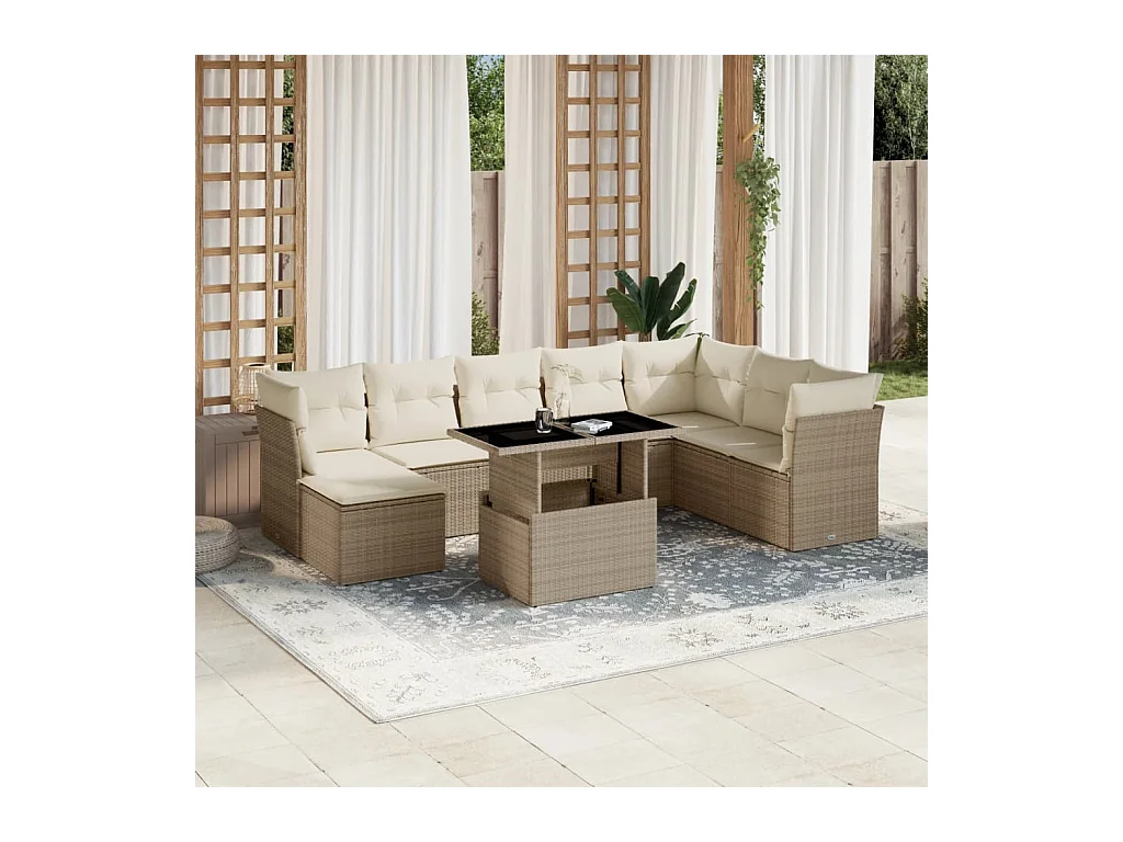 Salon de jardin avec coussins 9 pièces beige résine tressée