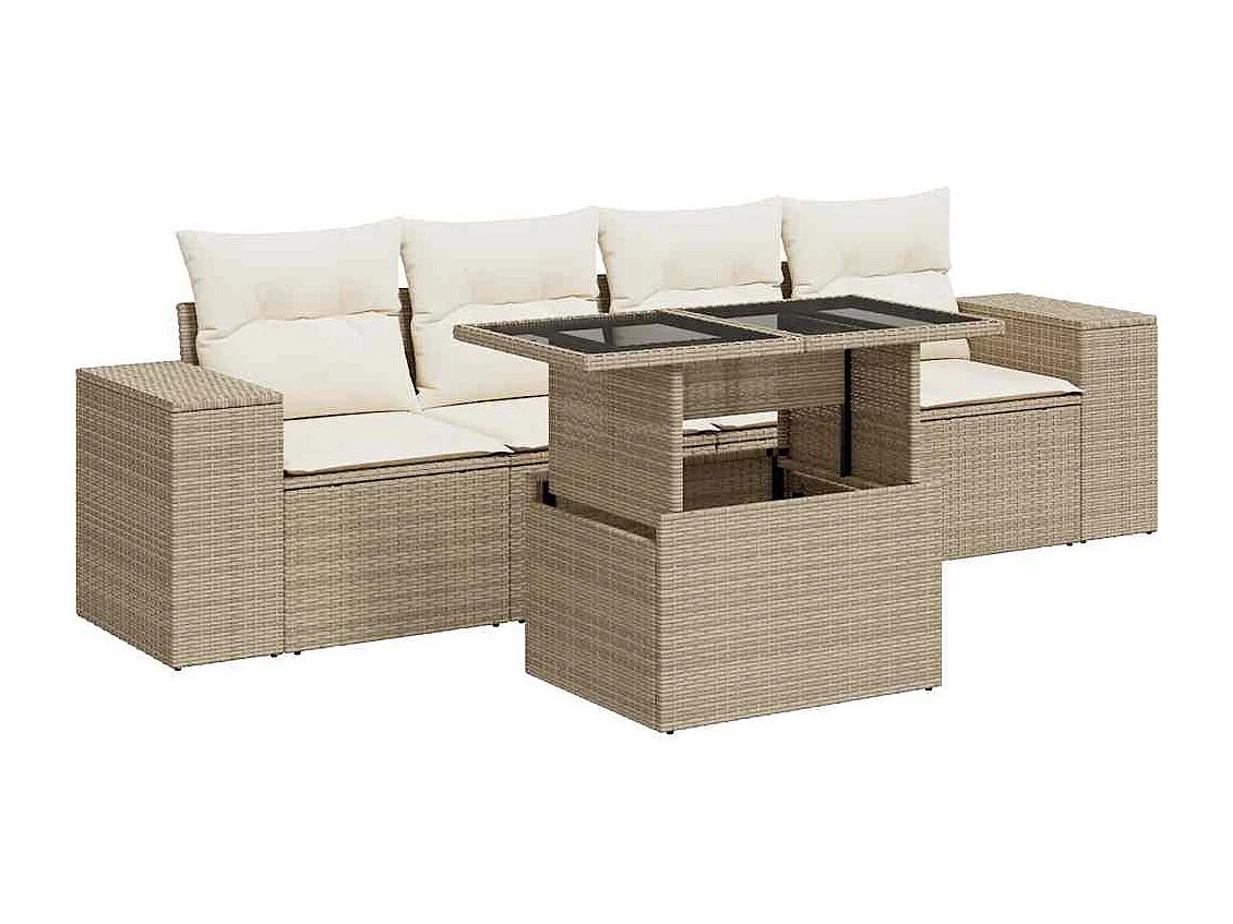 5-delige Loungeset met kussens poly rattan beige