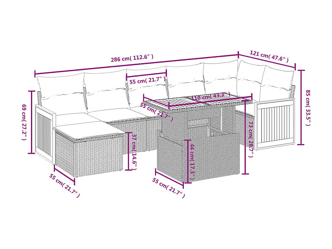 8 peças conjunto de sofás para jardim com almofadões vime PE bege