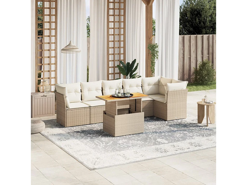 Salon de jardin avec coussins 7 pièces beige résine tressée
