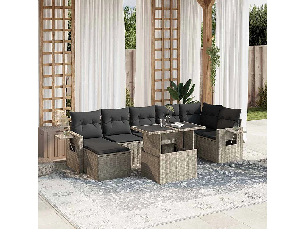 Set de sofás de jardín 8 piezas y cojines ratán sintético gris