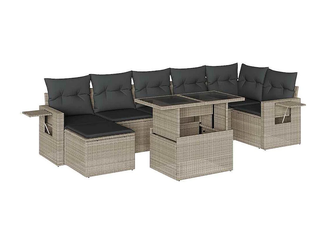 Salon de jardin 8 pièces avec coussins gris clair résine tressée