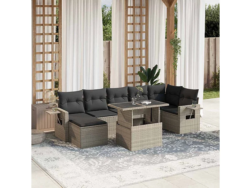 Salon de jardin 8 pièces avec coussins gris clair résine tressée