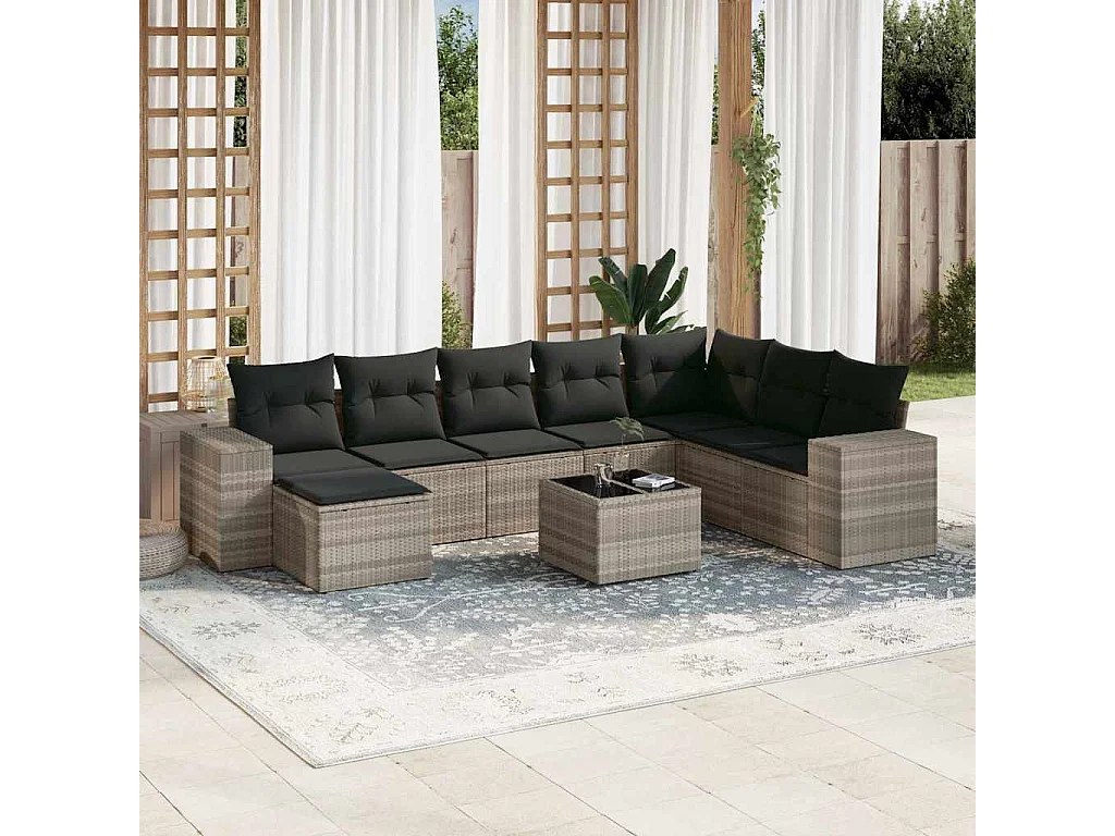 Salon de jardin 9 pièces avec coussins gris clair résine tressée