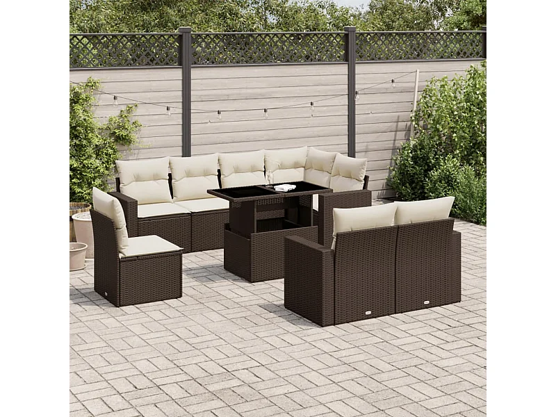 9-delige Loungeset met kussens poly rattan bruin