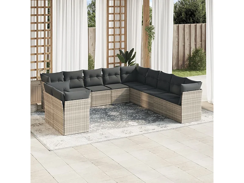 11 peças conjunto sofás de jardim com almofadões vime PE cinzento