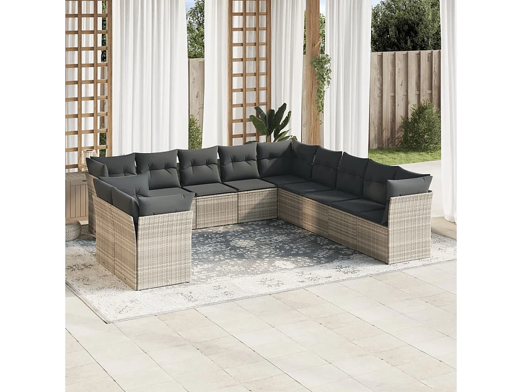 11 peças conjunto sofás de jardim com almofadões vime PE cinzento