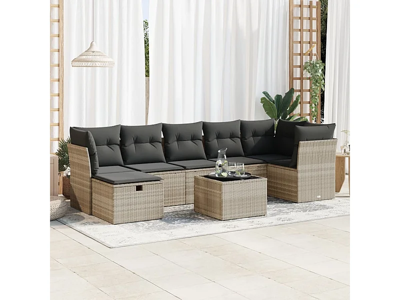 Salon de jardin 8 pièces avec coussins gris clair résine tressée