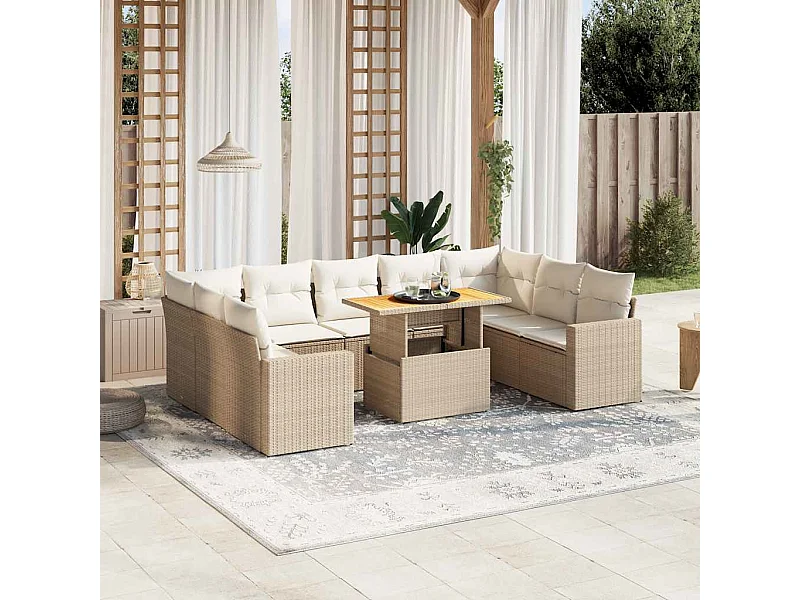 Salon de jardin avec coussins 10 pièces beige résine tressée