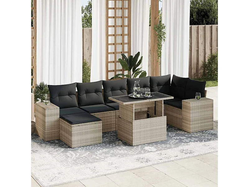 Salon de jardin 8 pièces avec coussins gris clair résine tressée