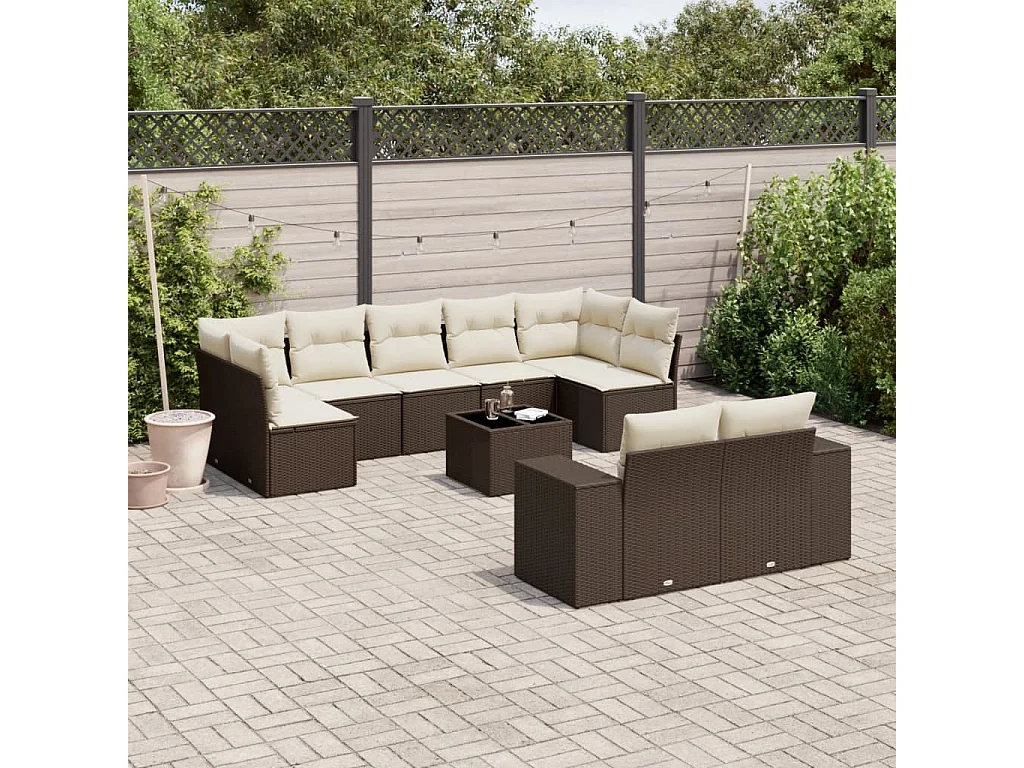 10-delige Loungeset met kussens poly rattan bruin
