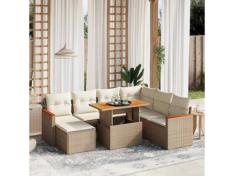 Salon de jardin avec coussins 8 pièces beige résine tressée