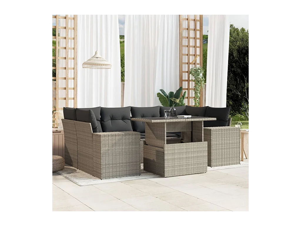Set de sofás de jardín 7 piezas con cojines ratán PE gris claro