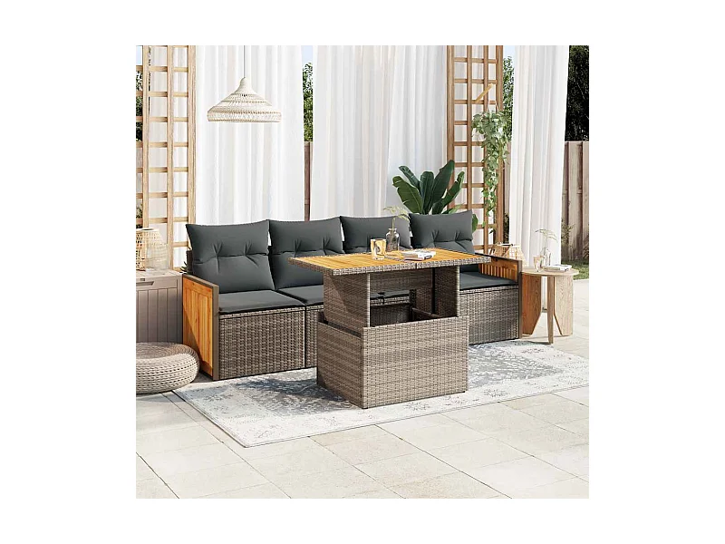 5 peças conjunto sofás de jardim com almofadões acácia e vime PE