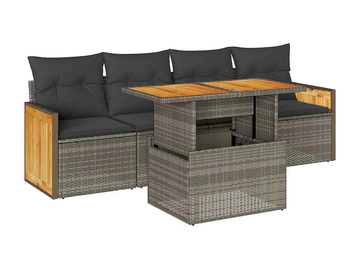 Salon de jardin 5 pièces avec coussins gris résine tressée acacia