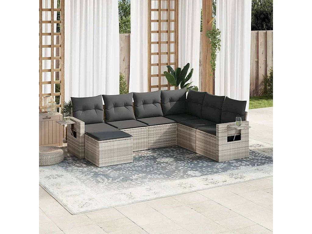 Salon de jardin avec coussins 7 pièces gris clair résine tressée