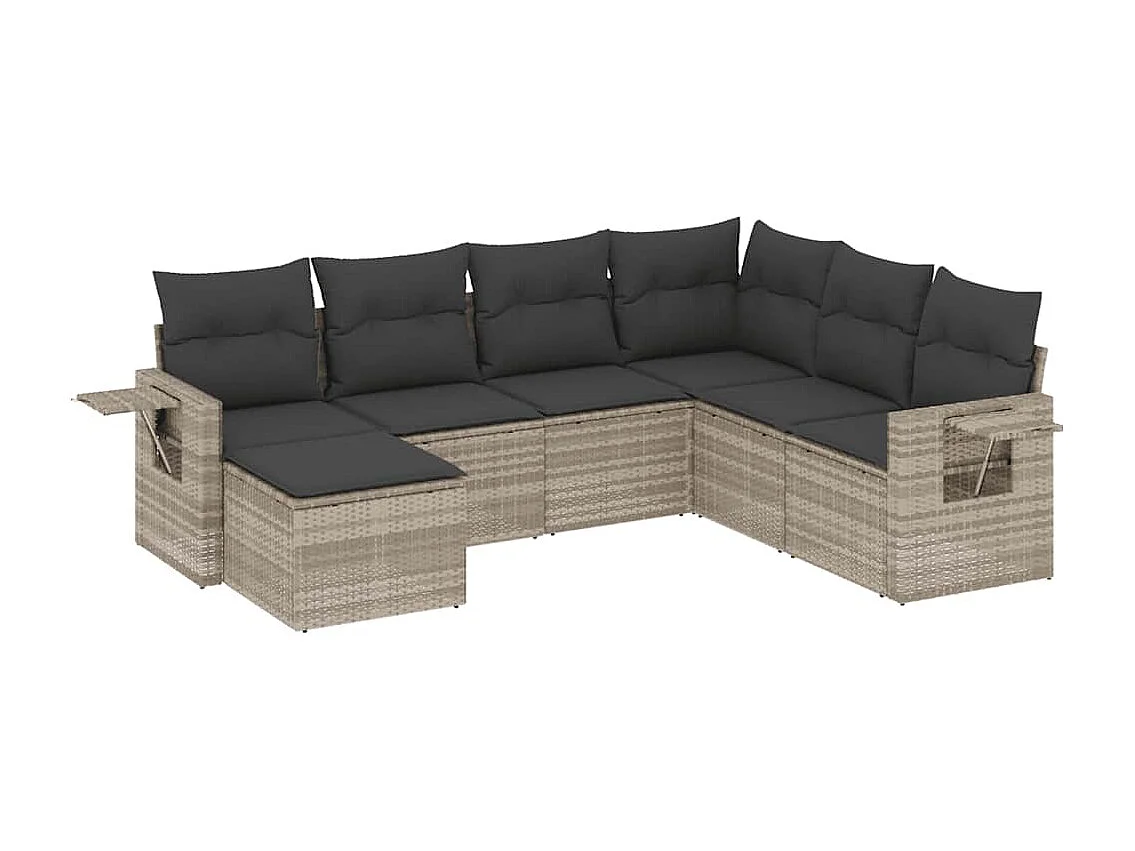 7 peças conj. sofás jardim com almofadões vime PE cinzento-claro