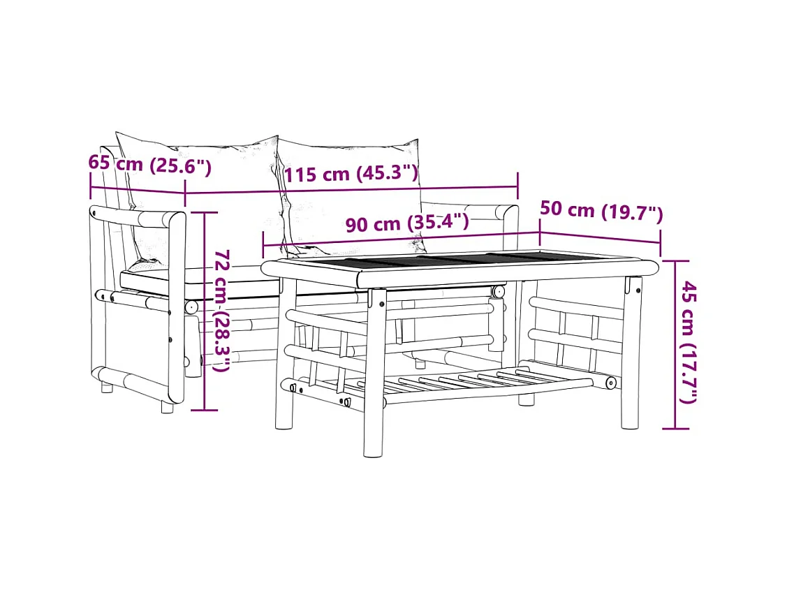 Salon de jardin 2 pièces avec coussins bambou