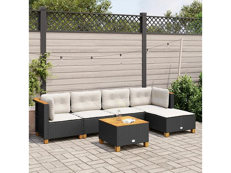 6-delige Loungeset met kussens poly rattan zwart