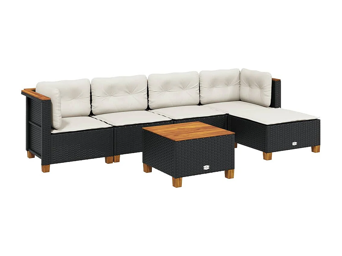 Set de sofás de jardín 6 piezas y cojines ratán sintético negro