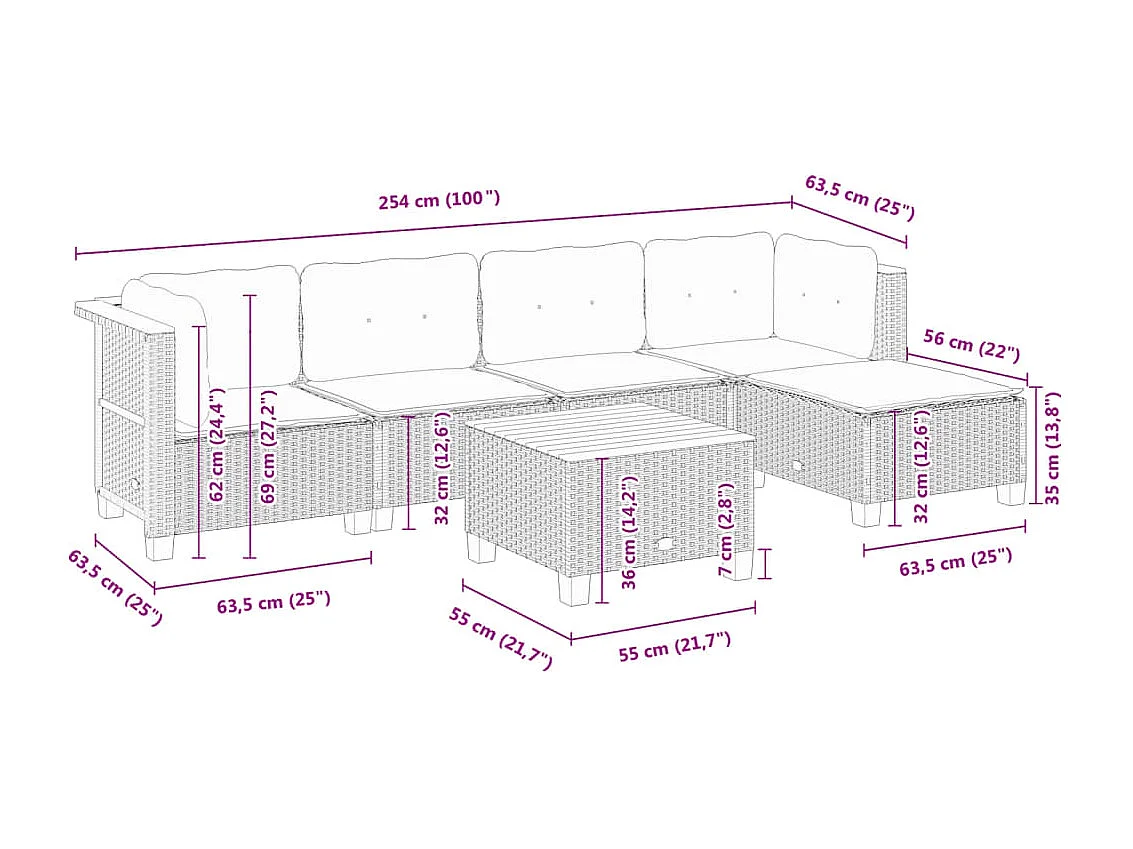 Set de sofás de jardín 6 piezas y cojines ratán sintético negro