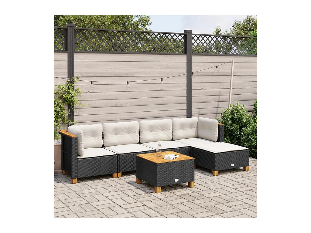 Salon de jardin 6 pièces avec coussins noir résine tressée