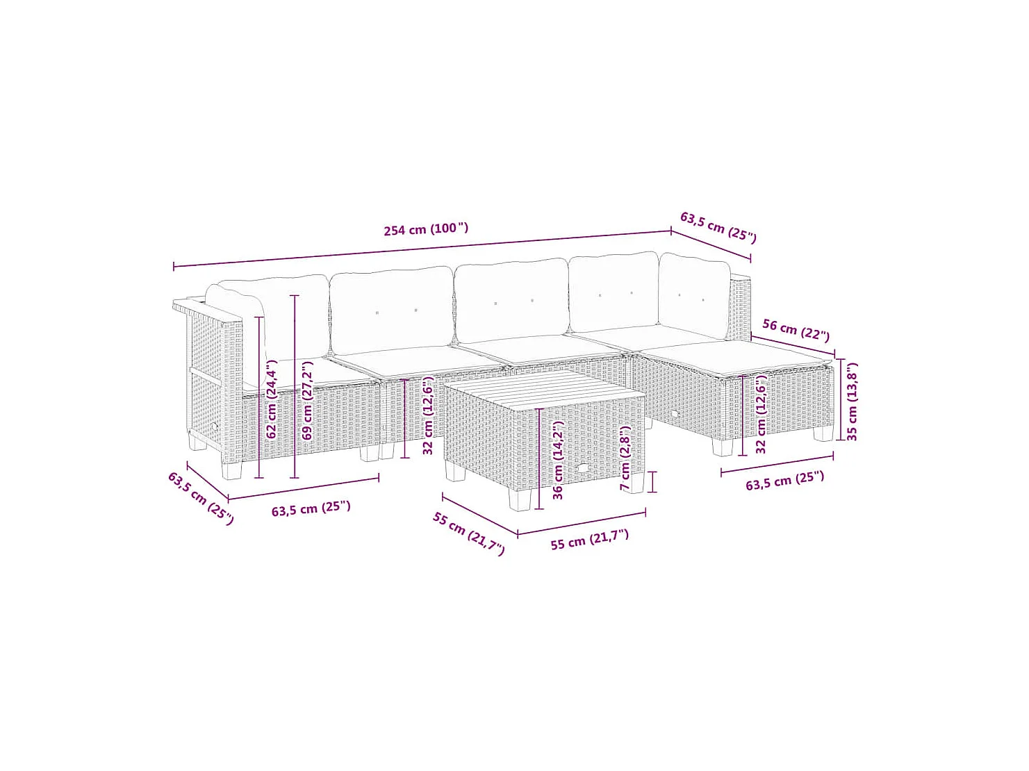 Salon de jardin 6 pièces avec coussins noir résine tressée