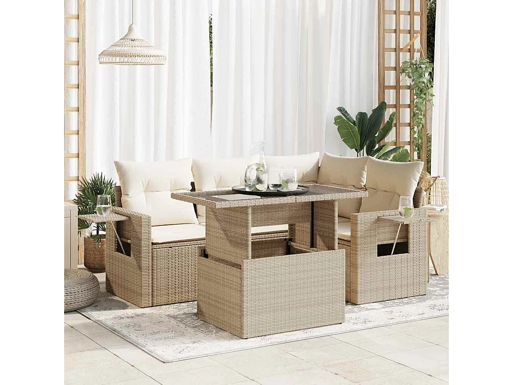 5-delige Loungeset met kussens poly rattan beige