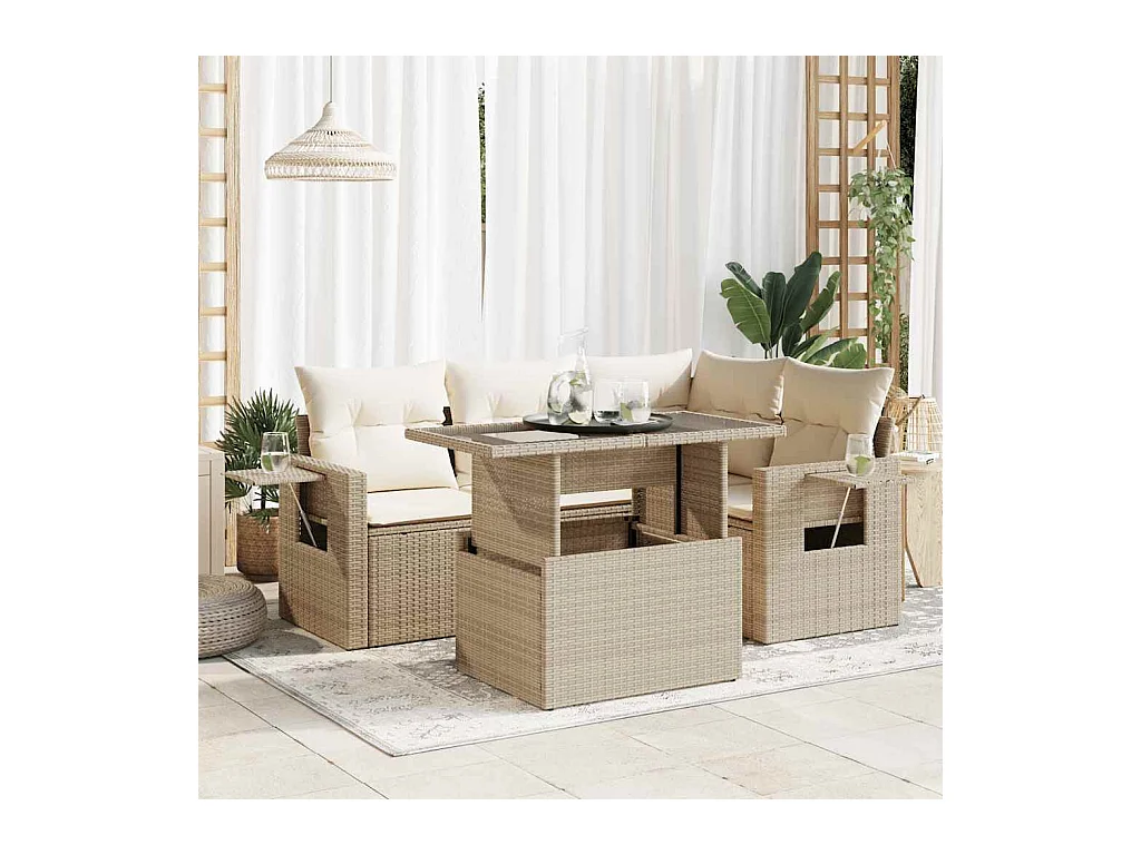 5 peças conjunto de sofás para jardim com almofadões vime PE bege