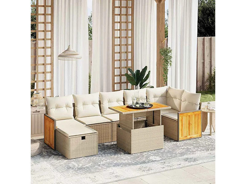 8 peças conjunto de sofás para jardim com almofadões vime PE bege