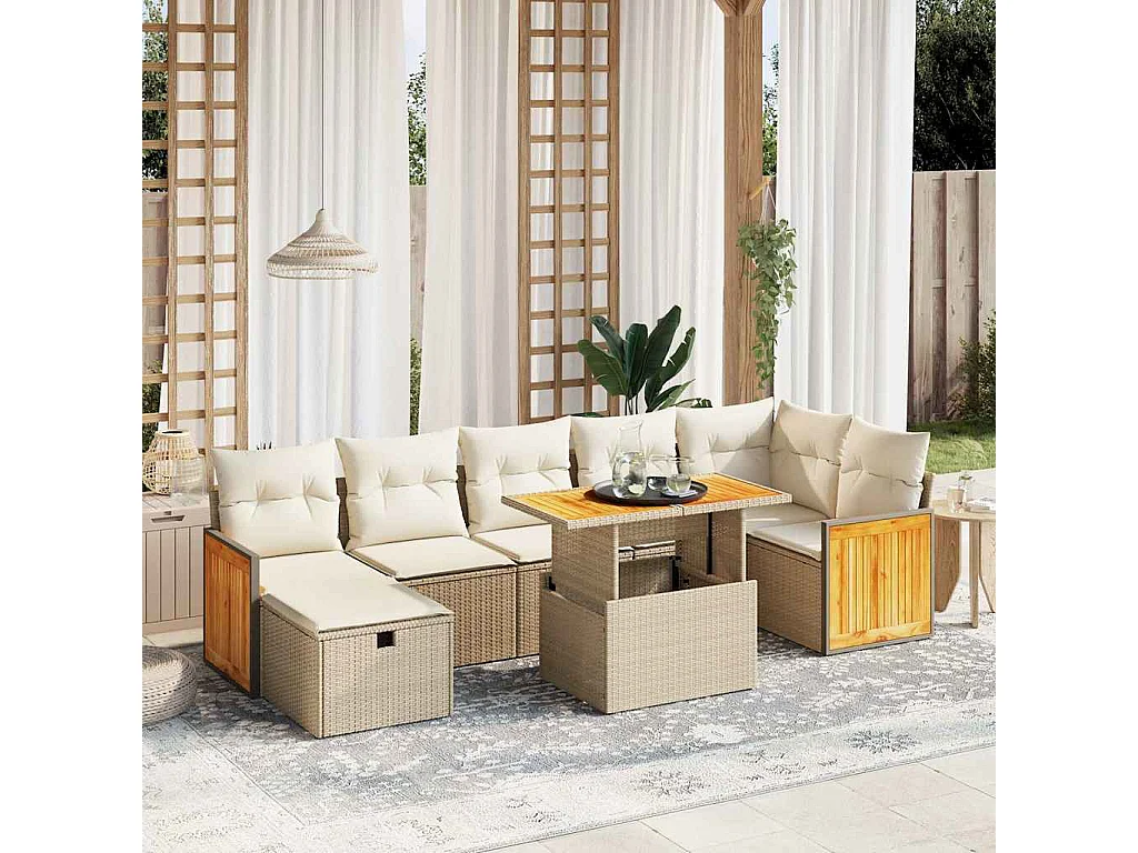 Salon de jardin avec coussins 8 pièces beige résine tressée