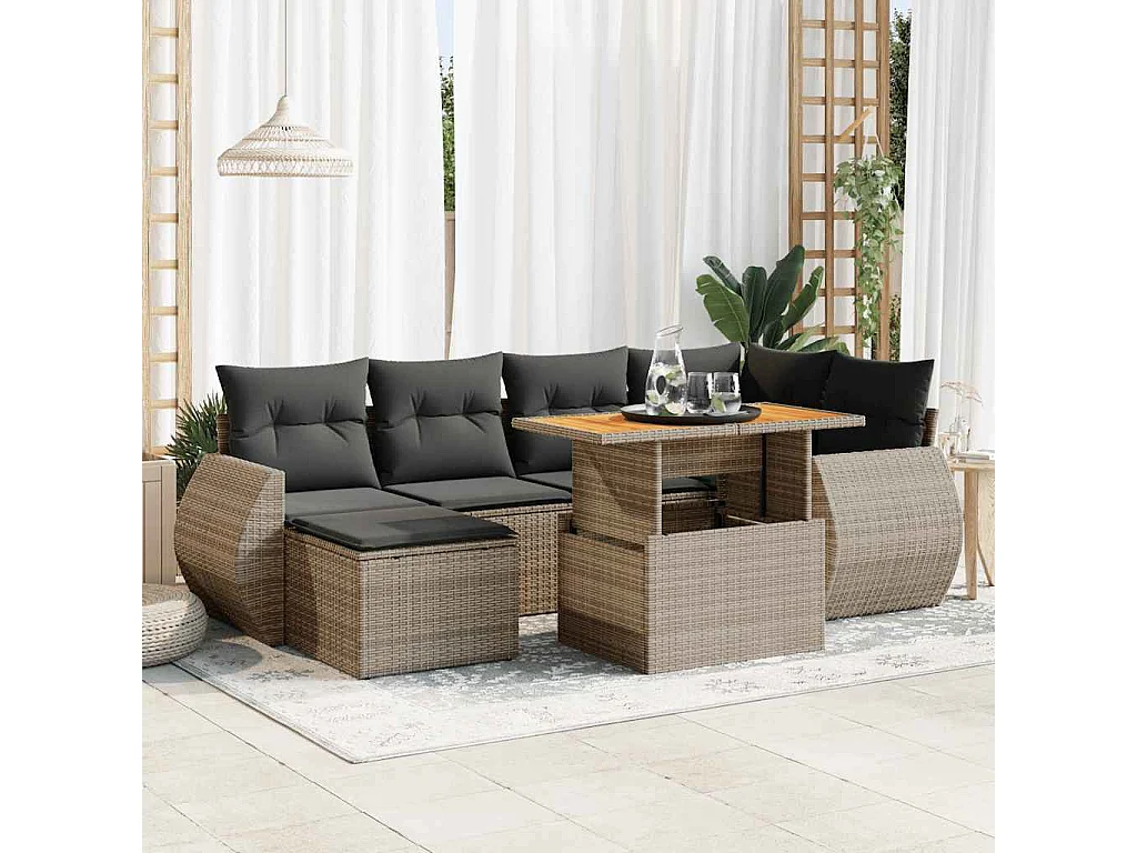 7-delige Loungeset met kussens poly rattan grijs