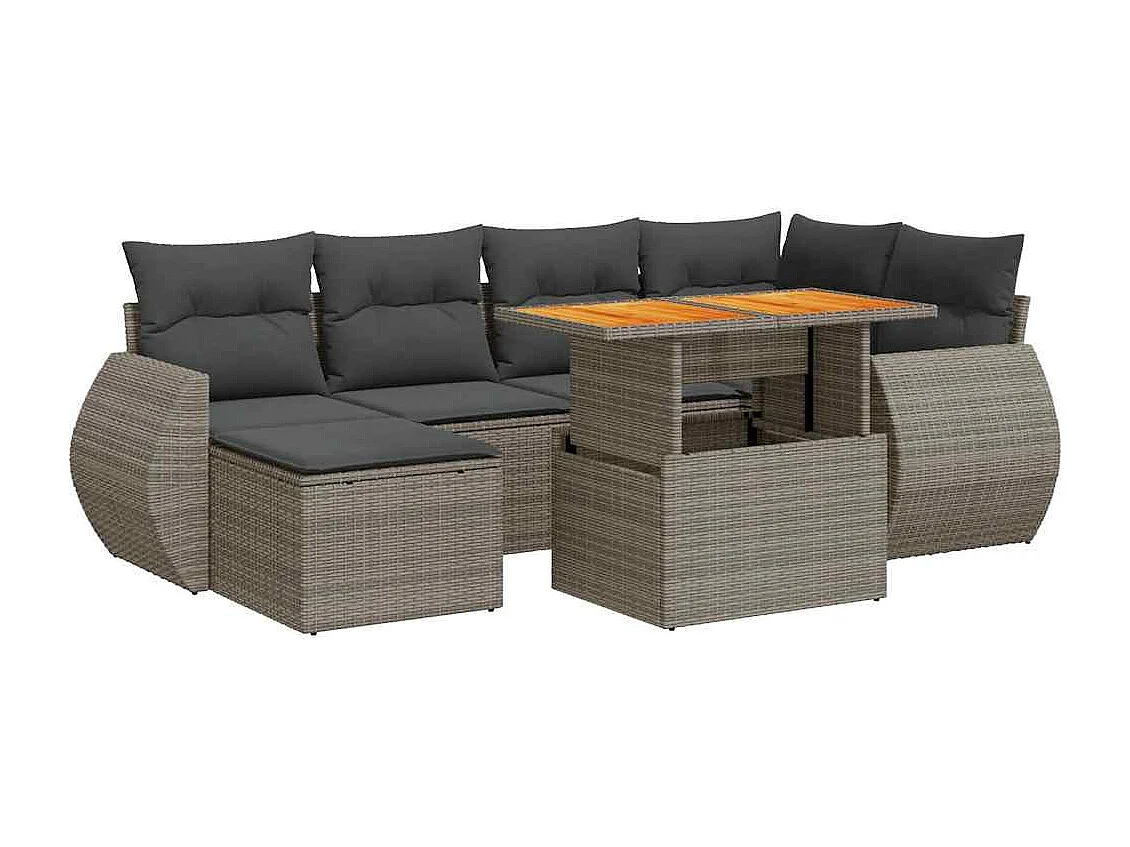 7-delige Loungeset met kussens poly rattan grijs