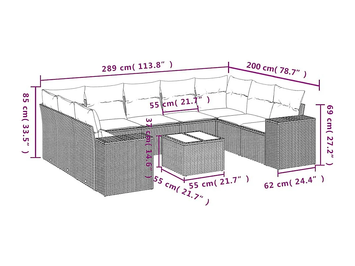 10 peças conj. sofás jardim com almofadões vime PE cinzento-claro