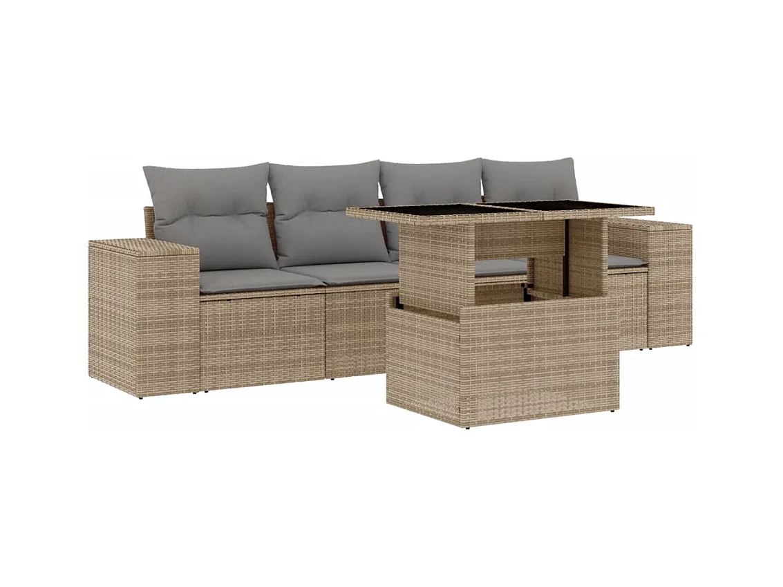 Salon de jardin avec coussins 5 pièces beige résine tressée