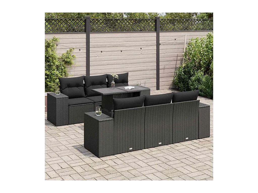 Salon de jardin 7 pièces avec coussins noir résine tressée
