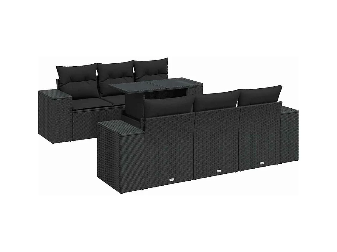 Salon de jardin 7 pièces avec coussins noir résine tressée