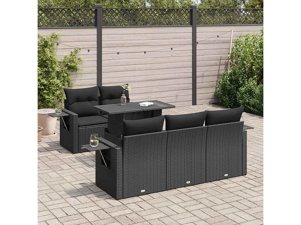 6 peças conjunto sofás de jardim com almofadões vime PE preto