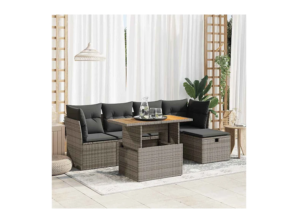 Salon de jardin avec coussins 6 pièces gris résine tressée acacia