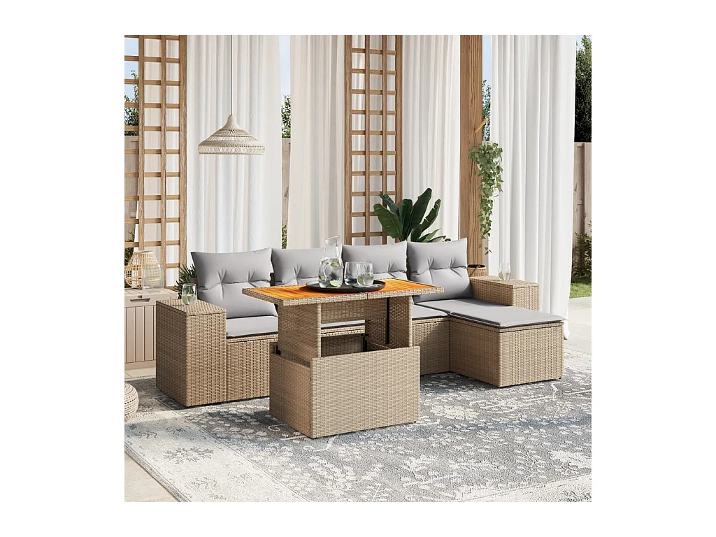 6-delige Loungeset met kussens poly rattan beige