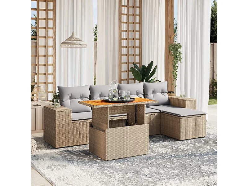 6-delige Loungeset met kussens poly rattan beige