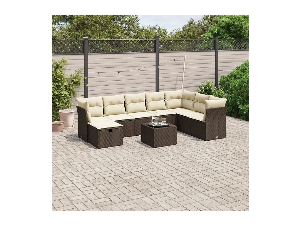 9-delige Loungeset met kussens poly rattan bruin