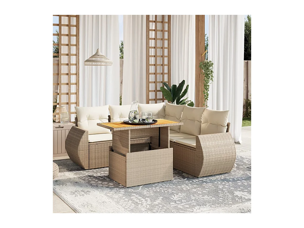 Salon de jardin avec coussins 6 pièces beige résine tressée