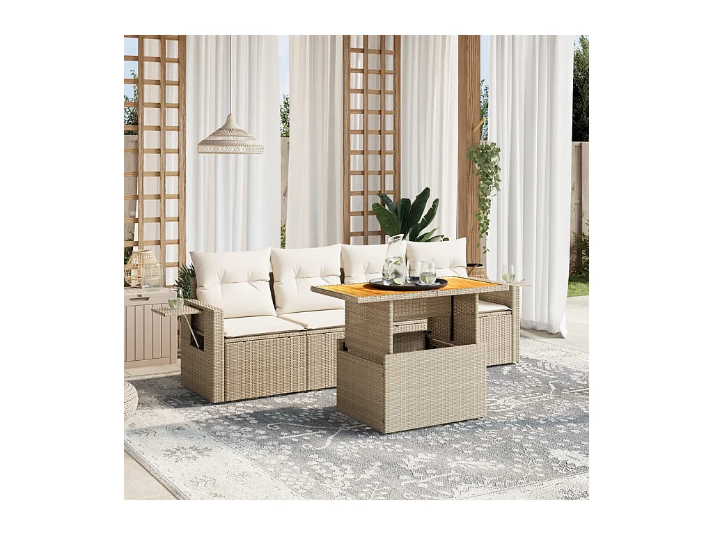 5-delige Loungeset met kussens poly rattan beige
