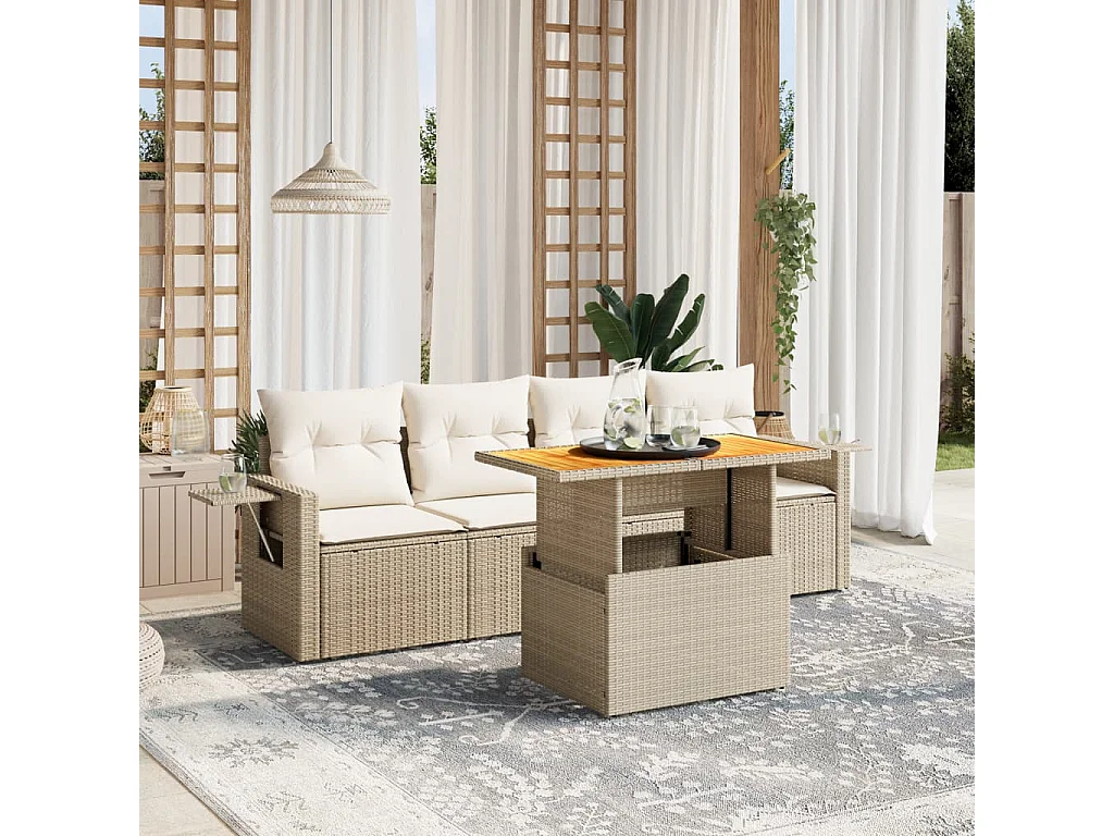 Salon de jardin avec coussins 5 pièces beige résine tressée