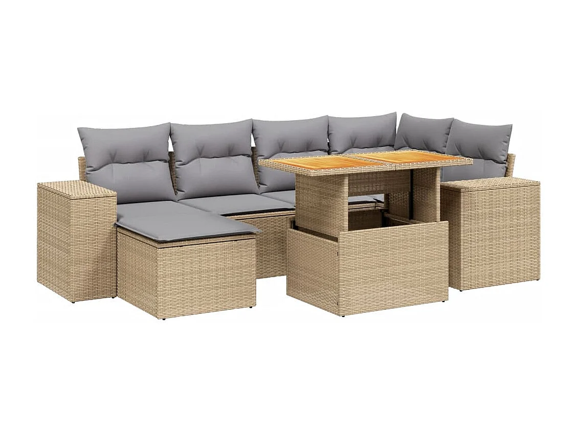 7-delige Loungeset met kussens poly rattan beige